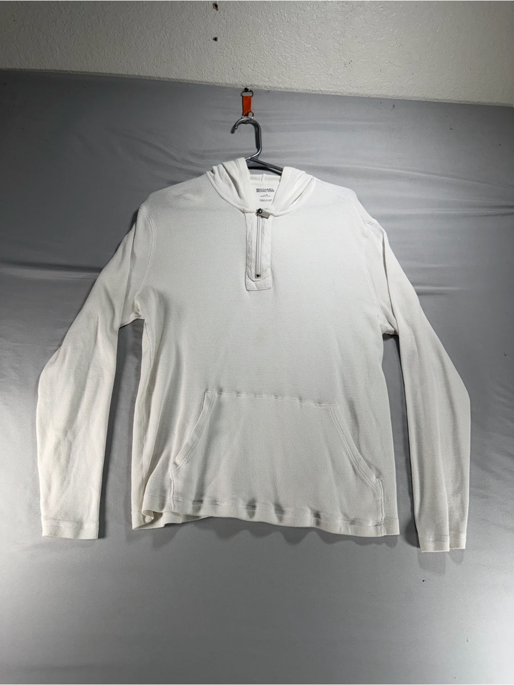 Michael Kors Men L White Lightweight Knit Henley Pullover Hoodie Pocket